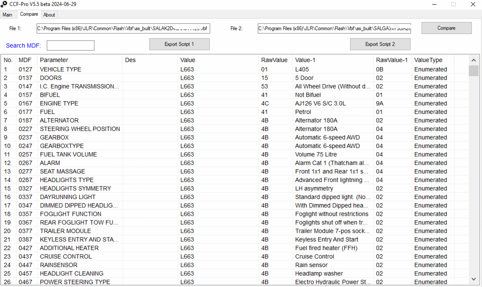 CCF-PRO Editor comparing two CCF files