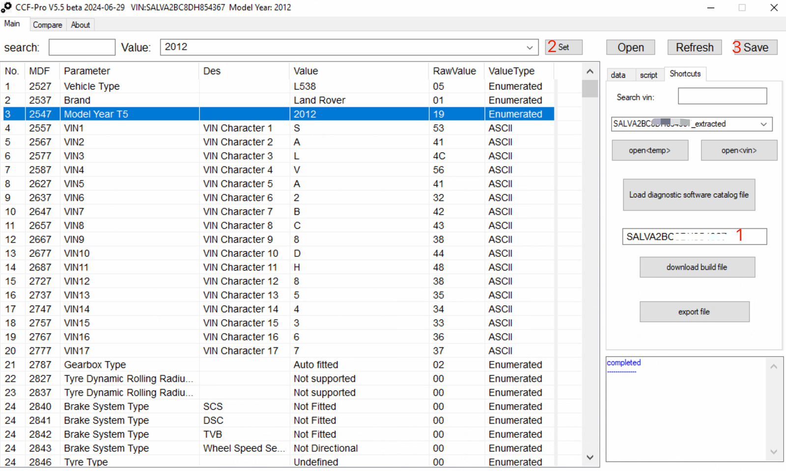 CCF-PRO Editor main data view with vehicle parameters