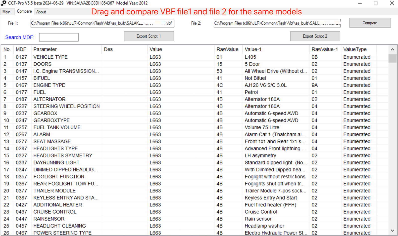 CCF-PRO Editor VBF file comparison for same models