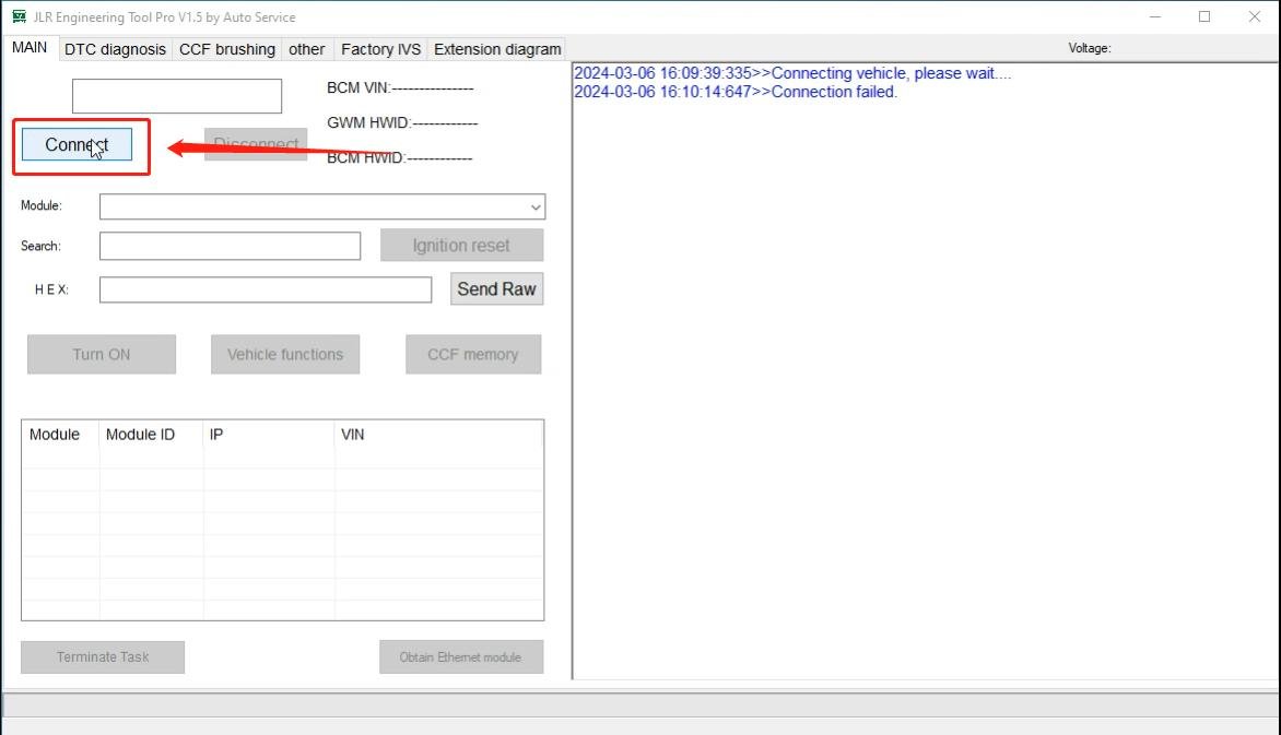 JET-PRO JLR Engineering Tool - Main interface — IP connection and vehicle module discovery