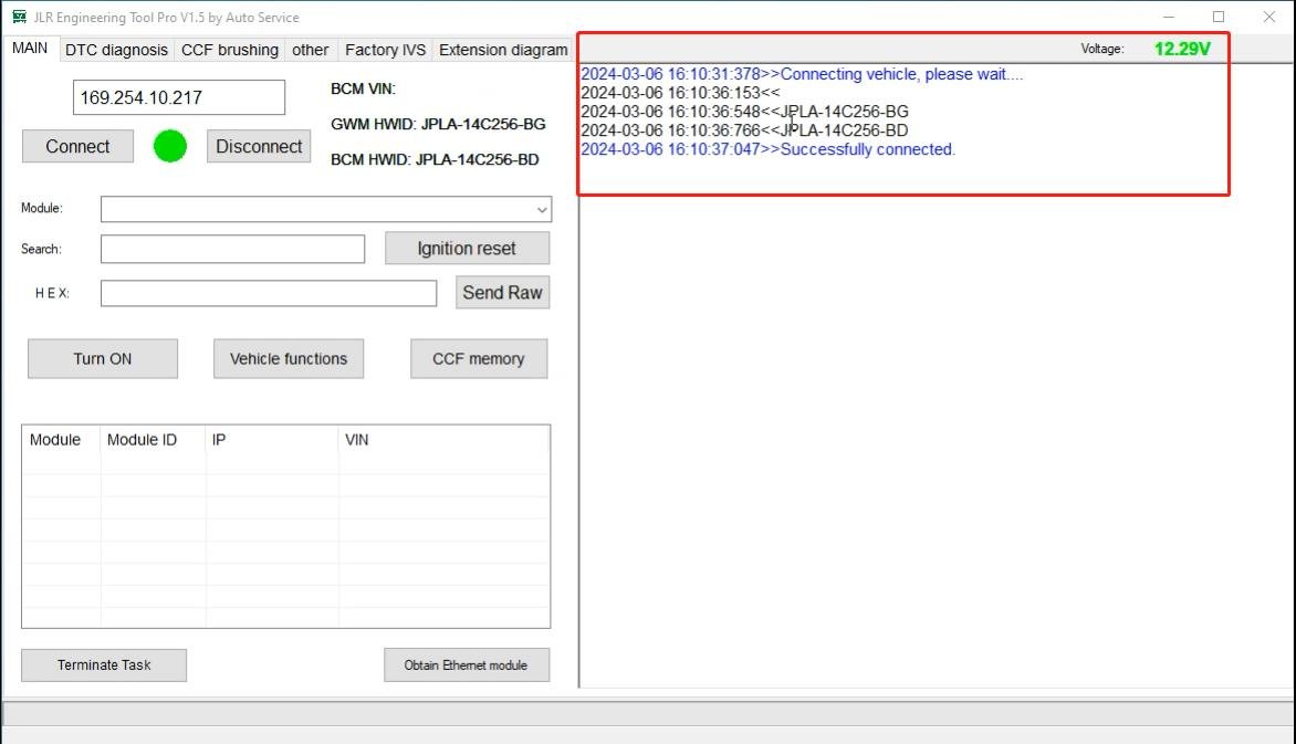 JET-PRO JLR Engineering Tool - Successfully connected — Live voltage reading and communication log