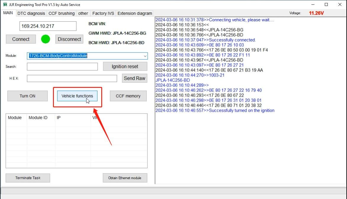 JET-PRO JLR Engineering Tool - Vehicle functions menu — Fuel pump, water pump, steering gear
