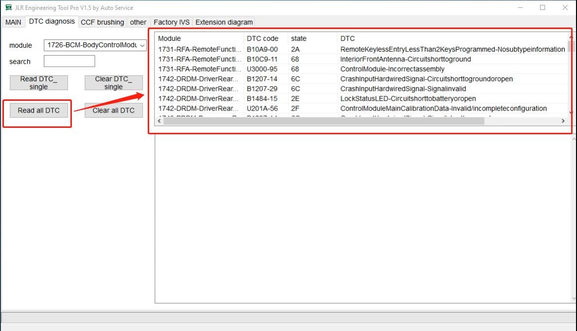 JET-PRO JLR Engineering Tool - DTC reading — Detailed fault code data display