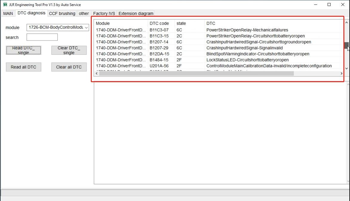 JET-PRO JLR Engineering Tool - DTC list view — Full diagnostic trouble code report