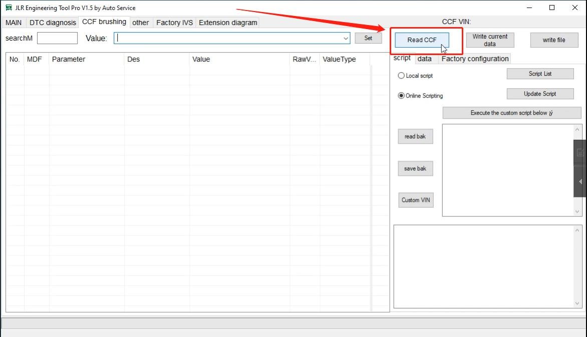 JET-PRO JLR Engineering Tool - CCF brushing tab — Vehicle configuration file access