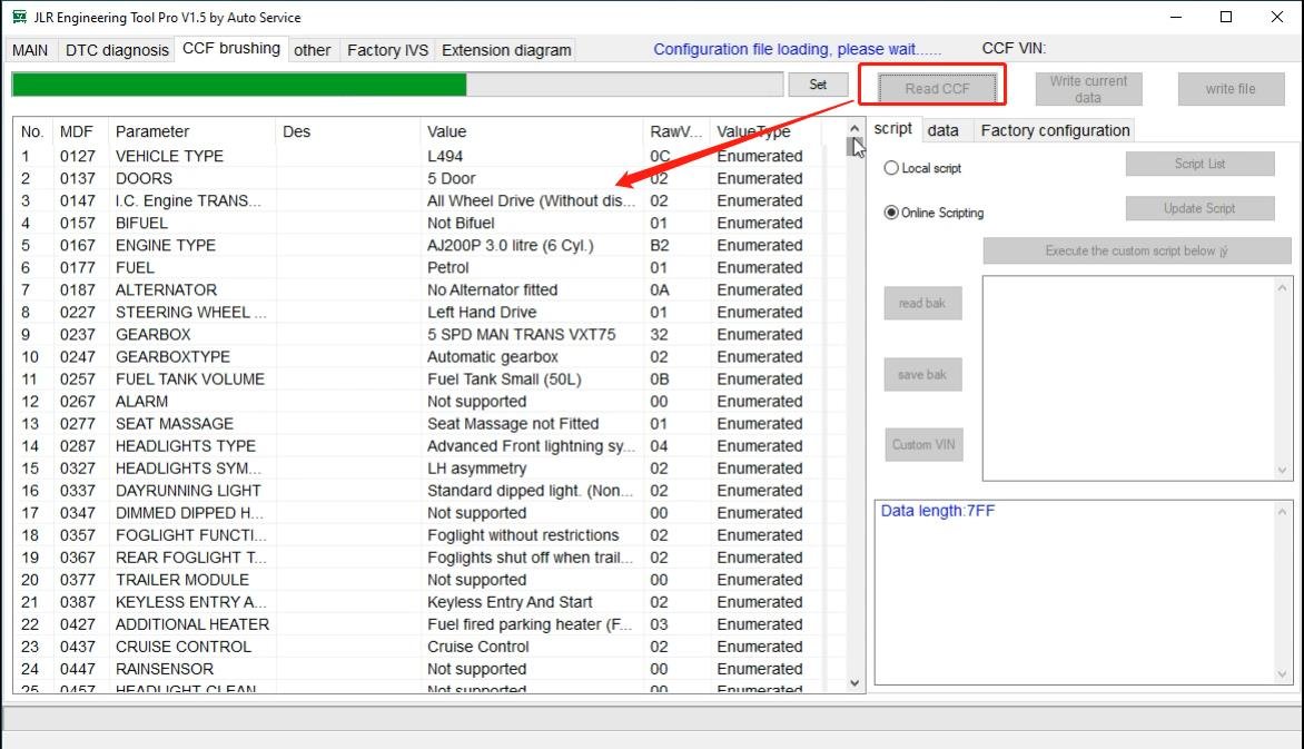 JET-PRO JLR Engineering Tool - Read CCF — Customer configuration file loaded