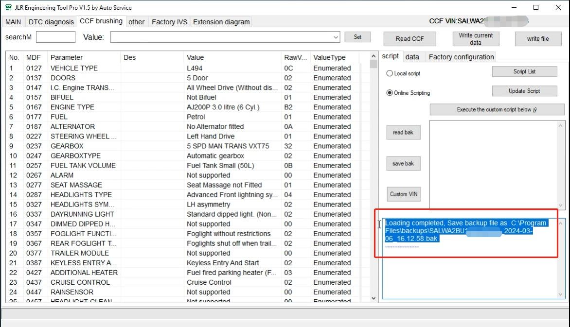 JET-PRO JLR Engineering Tool - CCF backup saved — Automatic backup before modification