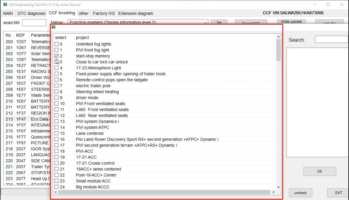 JET-PRO JLR Engineering Tool - CCF value selection — Change parameter options