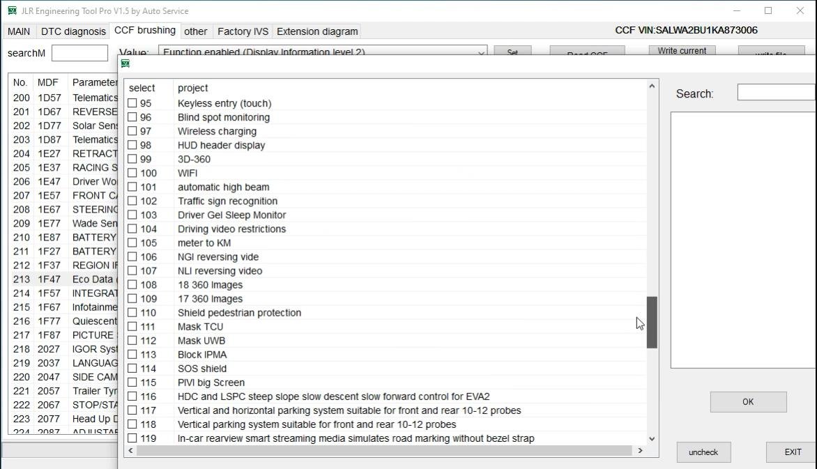 JET-PRO JLR Engineering Tool - Feature selection — CarPlay, massage, terrain modes