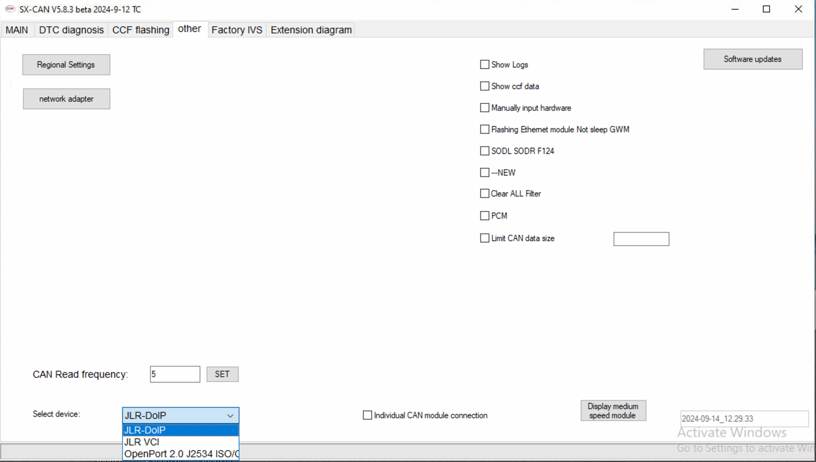 SX-CAN — VCI setup — Vehicle communication interface configuration