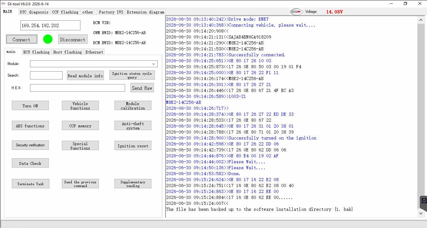 SX-TOOL V6.0.9 — Main interface — IP connection and vehicle communication log