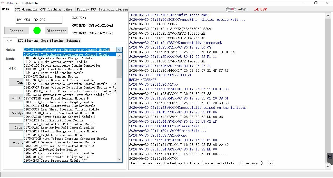 SX-TOOL V6.0.9 — Main interface with detailed vehicle connection data