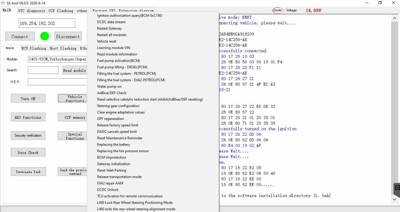 SX-TOOL V6.0.9 — Connection status and module information display