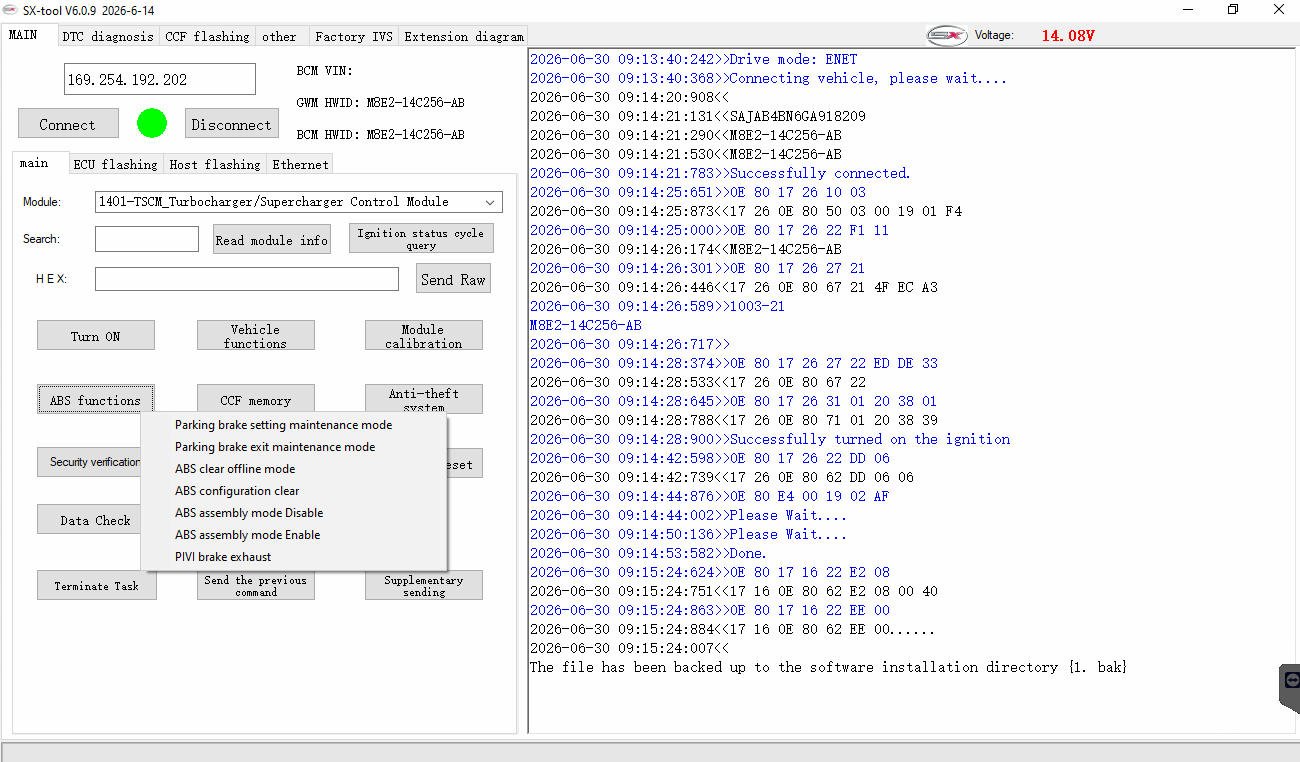 SX-TOOL V6.0.9 — Vehicle functions — ABS, brake and parking brake settings