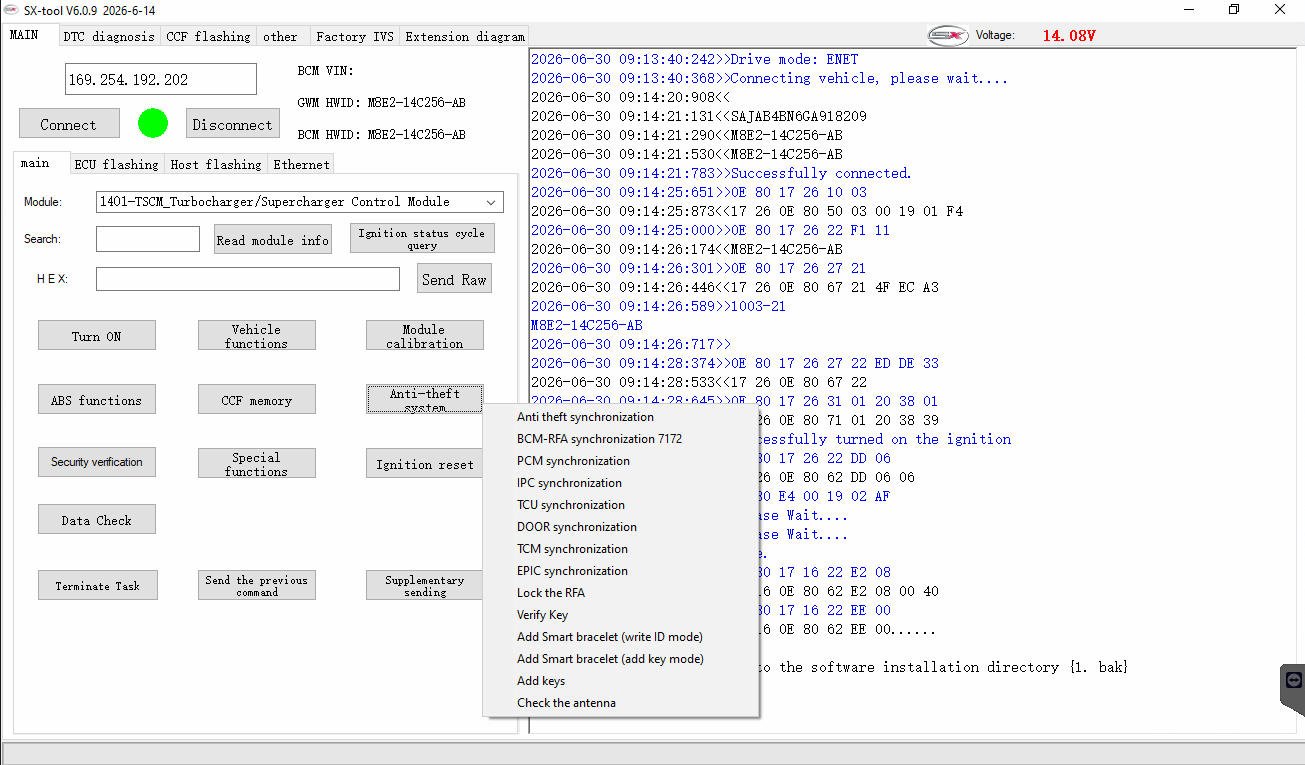SX-TOOL V6.0.9 — Vehicle functions menu — Data check and security verification
