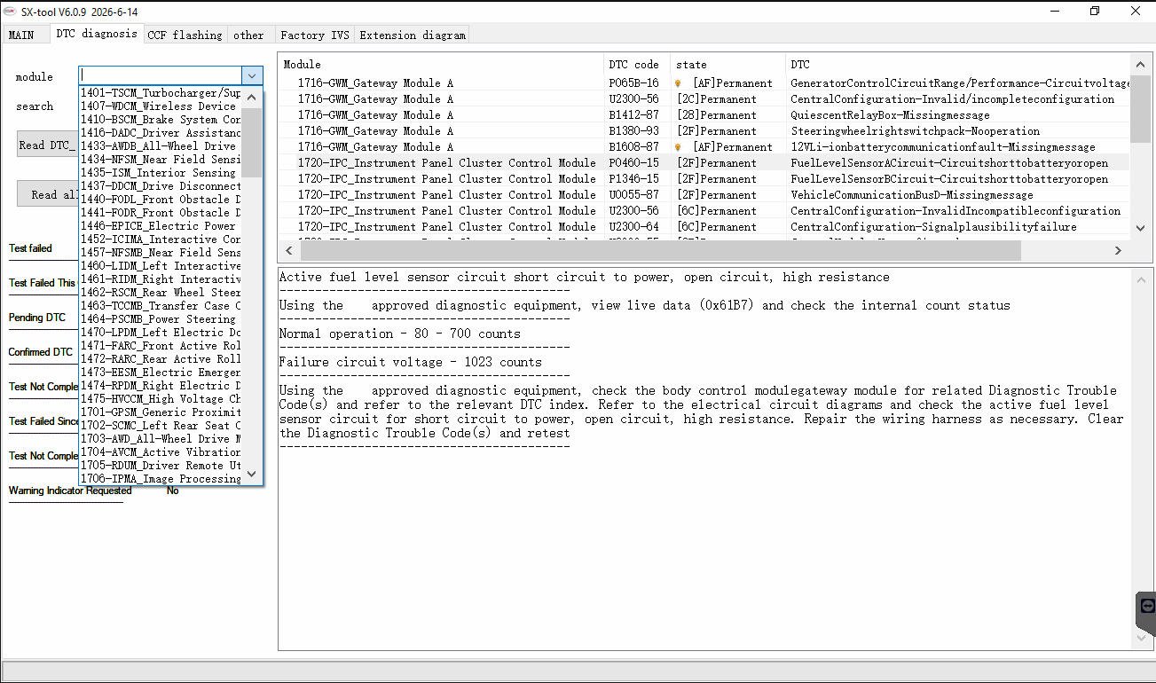 SX-TOOL V6.0.9 — DTC diagnosis — Full module fault code scanning