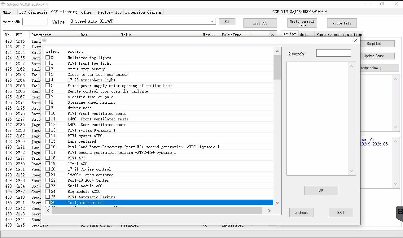 SX-TOOL V6.0.9 — CCF flashing — Feature enable list for vehicle configuration