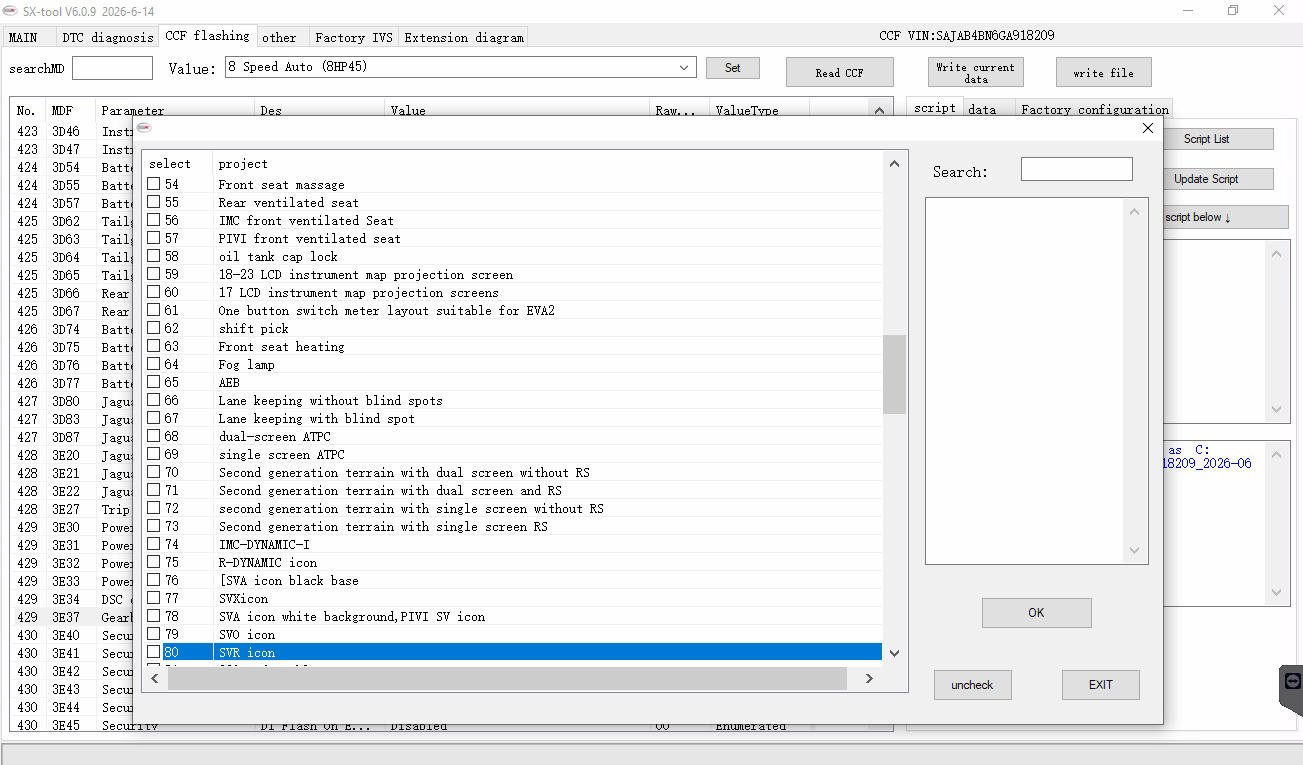 SX-TOOL V6.0.9 — CCF feature selection — Steering wheel heating and driver modes