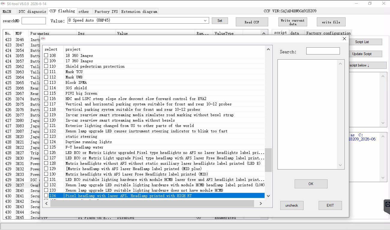 SX-TOOL V6.0.9 — CCF feature list — Cruise control and parking systems