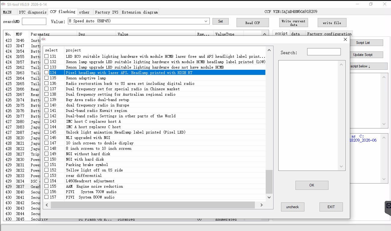 SX-TOOL V6.0.9 — CCF feature options — Headlamp, radio, and audio upgrades