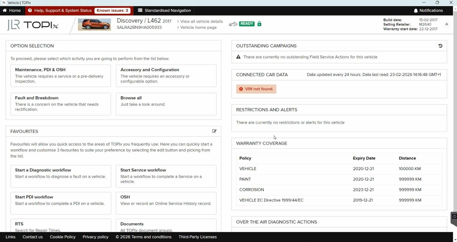 TOPIx Cloud — Vehicle home page — Discovery L462 with VIN lookup and warranty coverage