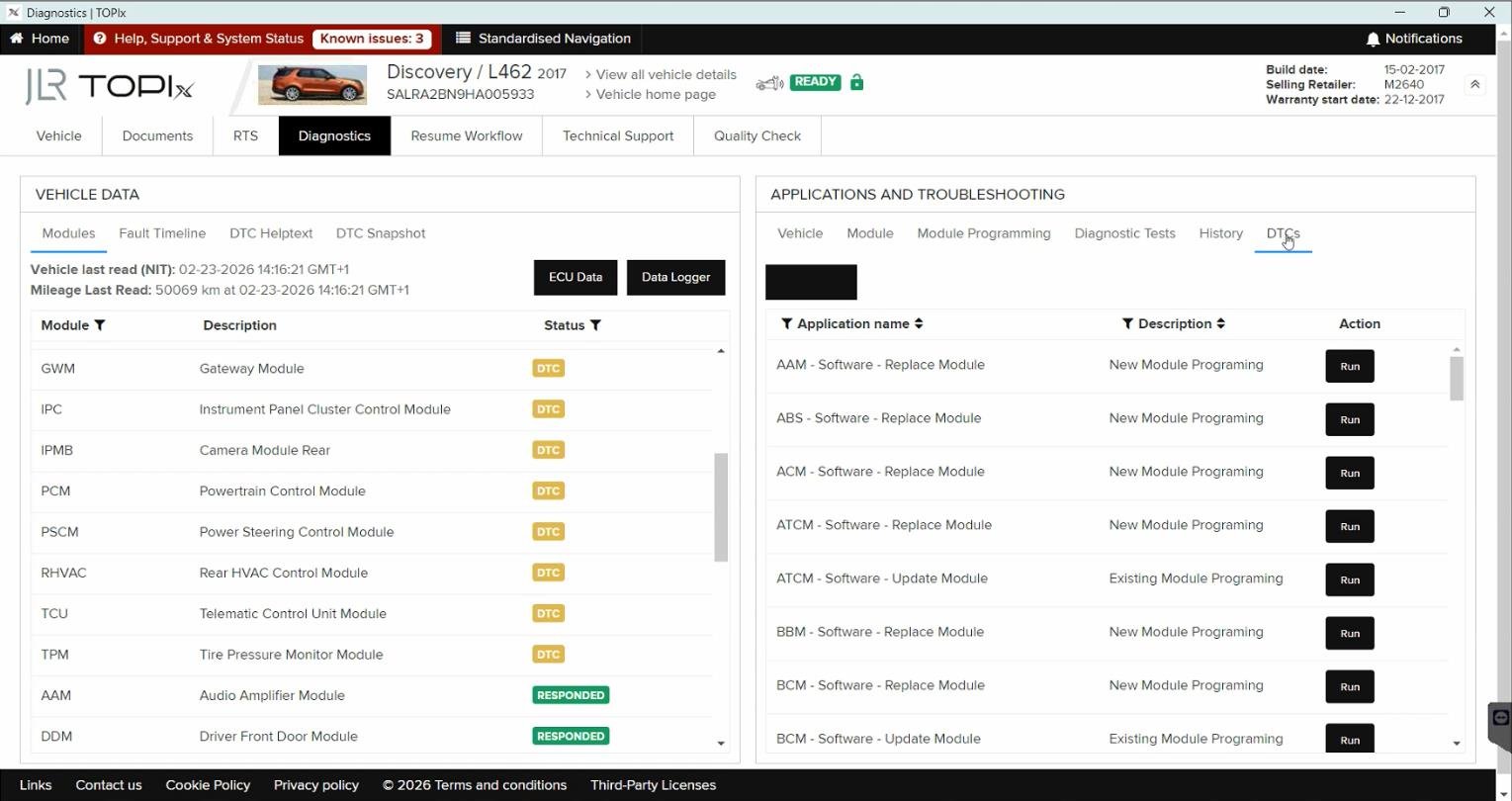 TOPIx Cloud — Vehicle home page — Service workflow and diagnostic options
