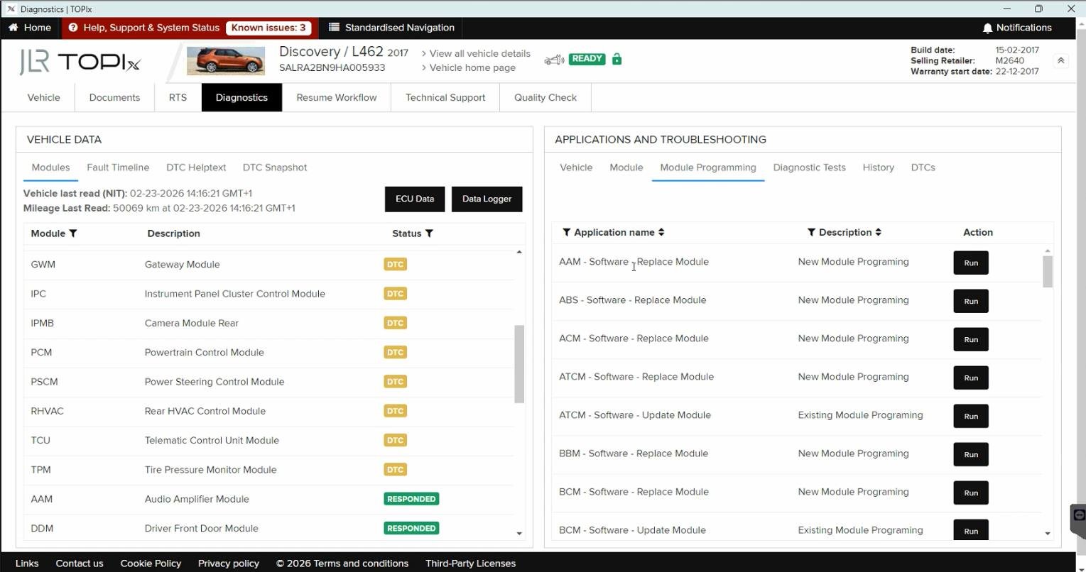 TOPIx Cloud — Vehicle details — Build date, selling retailer, and warranty start