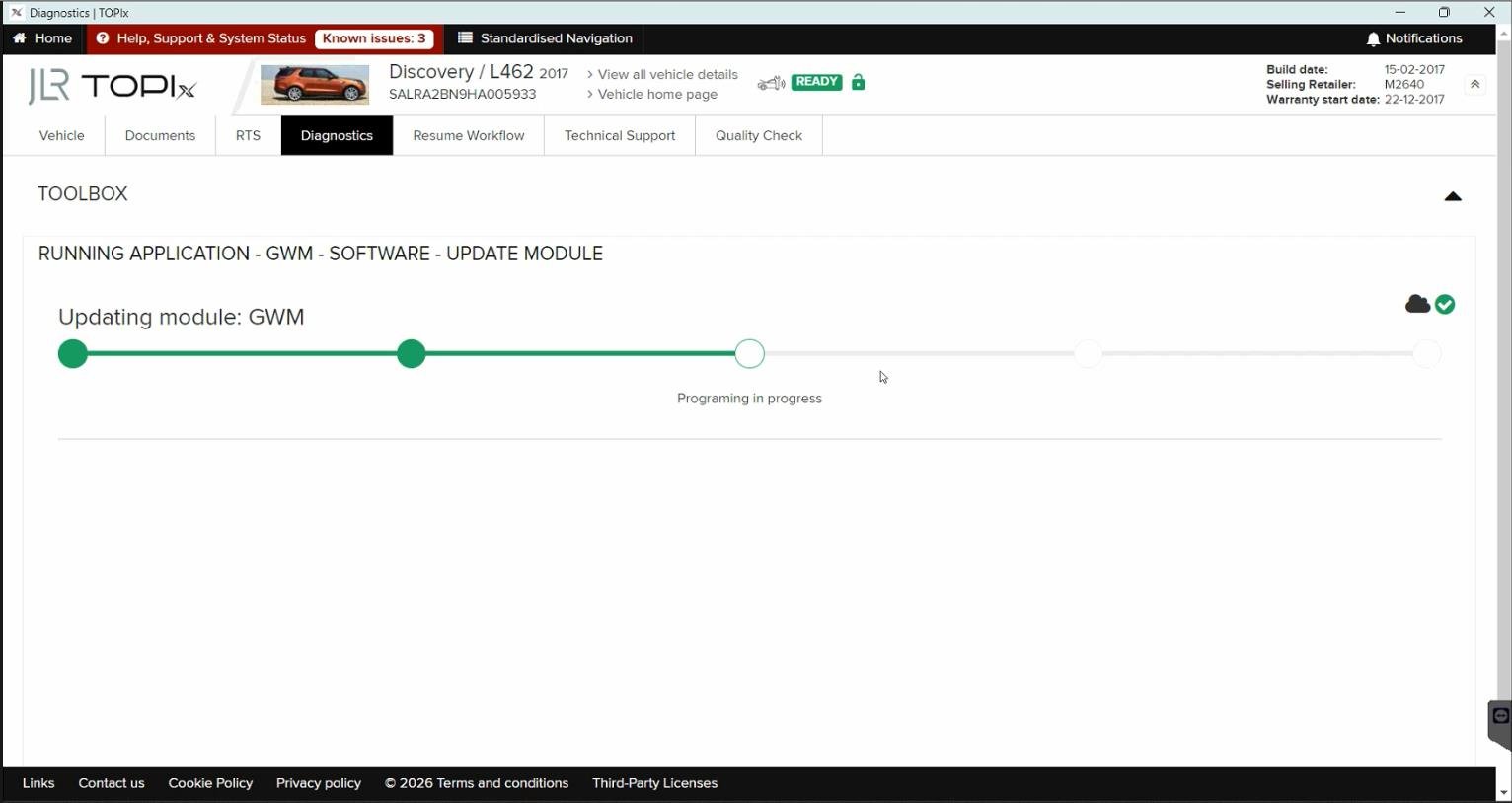 TOPIx Cloud — Diagnostics tab — Vehicle selection and system status