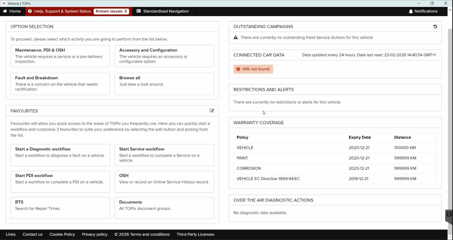 TOPIx Cloud — Vehicle home page — Favourites, documents, and service history