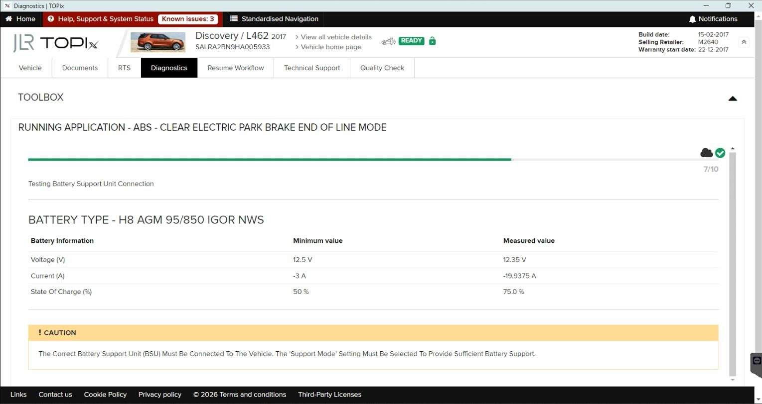 TOPIx Cloud — Diagnostics — ABS electric park brake end-of-line test with battery data